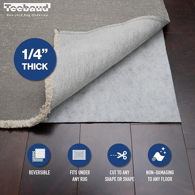 Teebaud 2'6 x 12' Non-Slip Rug Pad, Reversible Gripper, Non Skid Pads for Hardwood, Vinyl, Tile, Laminate Floors, Keep Area Rugs Secure, Natural Materials Safe for Indoor Flooring, ¼” Thick