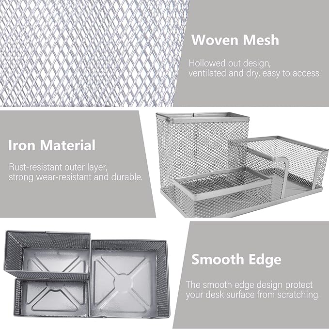 2 Pcs Metal Pen Holder for Desk with 3 Compartments, Office Desktop Organizer Pencil Cup Caddy for Stationery Marker Storage School Home Supplies(Black，Silver (Silver)