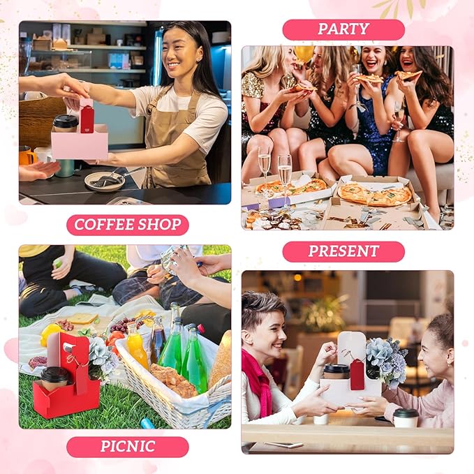 MotiMind 50 Pack Mother's Day 2 Cup Drink Carrier with Handle, Kraft Paperboard Teacher Cup Holder Portable for Hot Cold Drinks, Coffee Carrier Gift with Heart Card Rope (White,Pink)