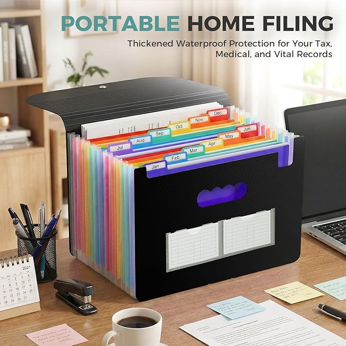 SKYDUE Accordion File Organizer, 12 Pockets File Folders, Letter Size Expanding File Folder with Colored Tabs and Expandable Cover, Portable Bill Receipt Organizer Black
