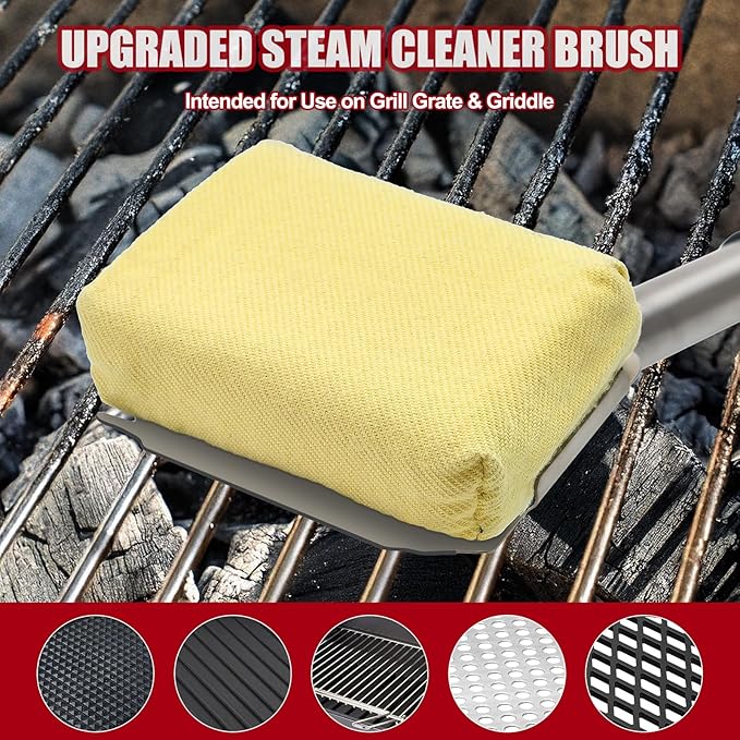 Grill Brush Bristle Free Steam Cleaning Tool, Heat-Resistant Aramid Fiber Cleaner with Replaceable Twill Pads & Steam, BBQ Accessories Cleaner - Gifts for Men/Dad