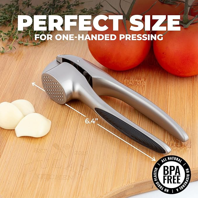 Zulay Kitchen Large Premium Garlic Press Set – Rust Proof & Dishwasher Safe, Bigger Bowl Garlic Mincer Tool with Silicone Garlic Peeler & Brush, Easy Squeeze & Clean, Ergonomic Handle - Silver