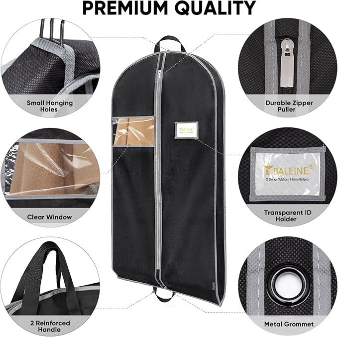 BALEINE 5PK Heavy Duty Garment Bag with Shoe Storage Travel Bag for Dresses, Suit, Coats Travel Essential (54", Black)