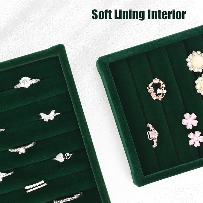 DesignSter Small Jewelry Tray-Ring Organizer 2PCS Premium Velvet Rings Earrings Display Tray Storage Insert Holder for Jewelry Box, Drawer, Dresser (8 Slots, Green)