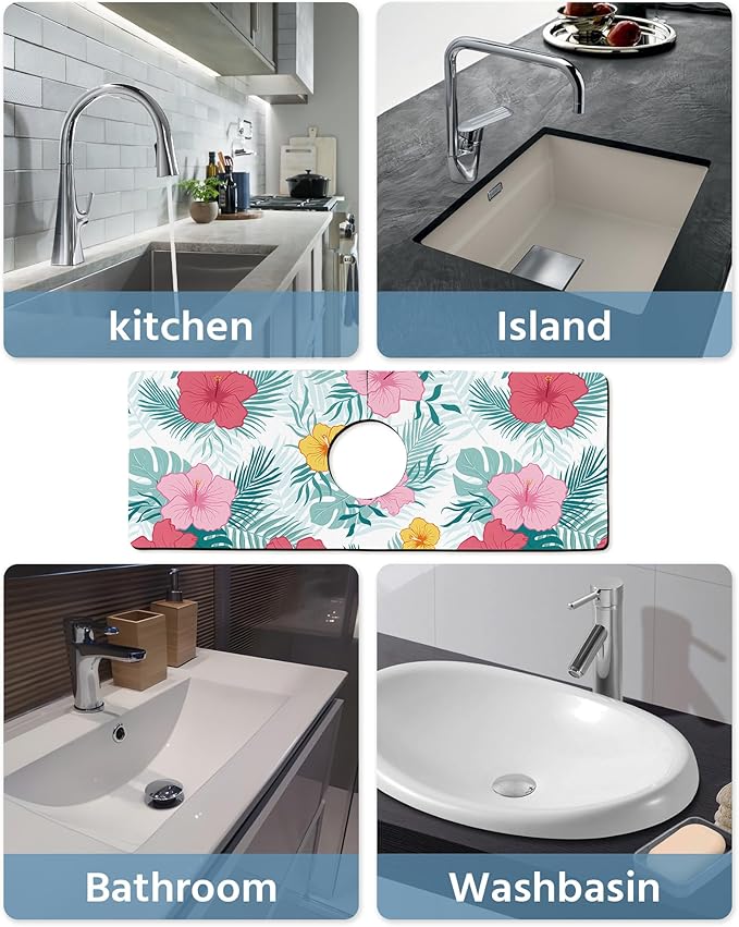 Patterned Sink Faucet Mat Kitchen Splash Guard Super Absorbent Drying Mat, Non-Slip Drain Pad for Kitchen Counter or Bathroom-24x5.5in
