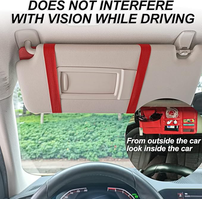 Keedolla Car Sun Visor Organizer with Multi-Pocket Net Zipper, Truck Visor Organizer Storage Pouch Holder for Cards, Pens, Sunglasses, CD Holder - Red
