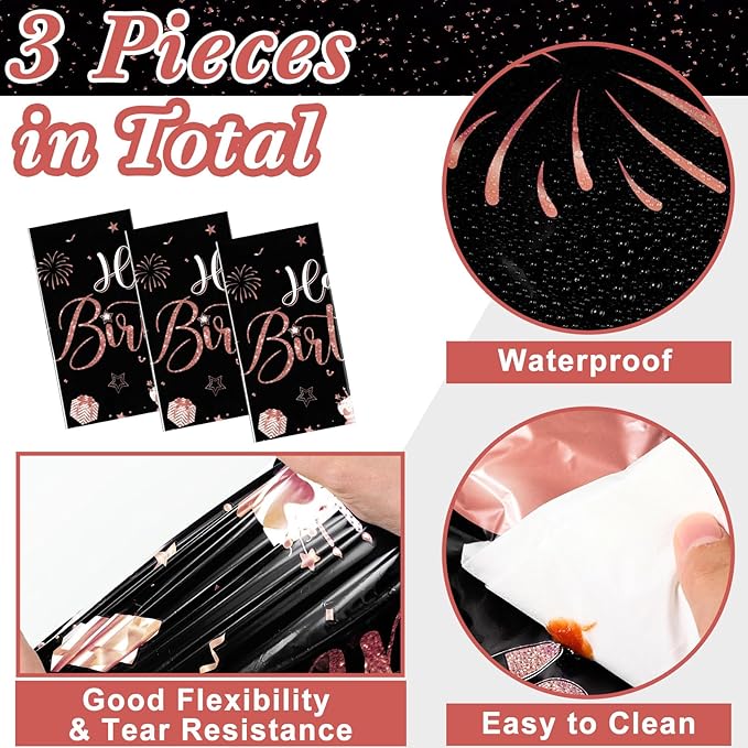 Tudomro 3 Pcs Happy Birthday Tablecloths Happy Birthday Party Decorations Plastic Table Cover Rectangular Cloths for Women Men Baby Shower Party Supplies, 108 x 54 Inch (Black Rose Gold)