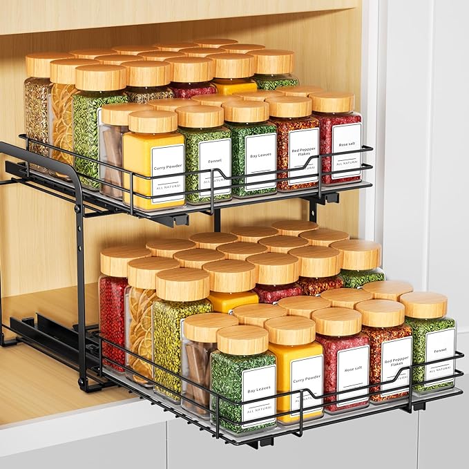 RCHYFEED Spice Organization for Cabinet, 2 Tier Pull out Spice Rack Organizer for Inside Cabinets & Pantry, Slide out Heavy Duty Spice Shelf Rack for Kitchen Seasoning (11.5" Wx10.5 Dx9.5 H)