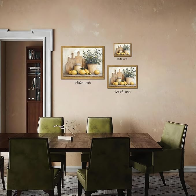 Wood Framed Vintage Kitchen Wall Art, Yellow Lemon Still Life Wall Decor Oil Paintings, Rustic Farmhouse Artwork Canvas Posters Prints Pictures for Living Room Bedroom Home Decor 16x24 Inch