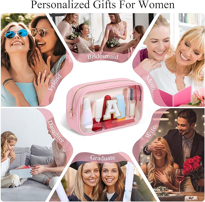 YOOLIFE Christmas Gifts for Teenage Girls Stocking Stuffers Teacher Gifts Initial Clear Makeup Bag Pouch Travel Toiletry Cosmetic Bags Birthday Gift for 4 5 6 7 8 9 10 11 12 Year Old Girls Pink K
