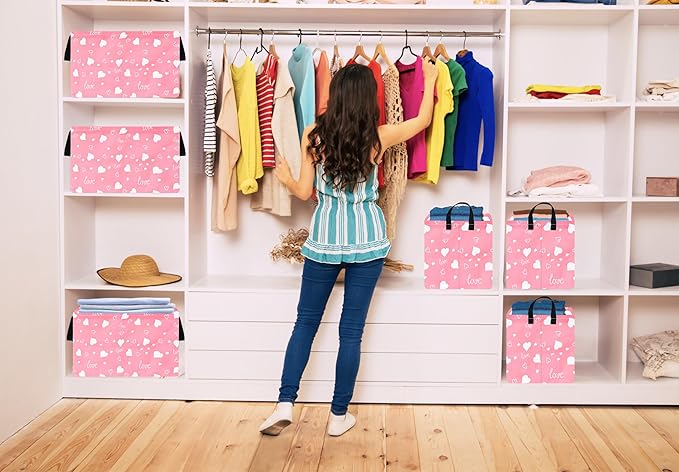 KUNRO Rectang Heart Pattern Vantine's Storage Basket Gift Shelf Basket Storage Bin, Nursery Basket Organizer Box for With Handles for Room Deco