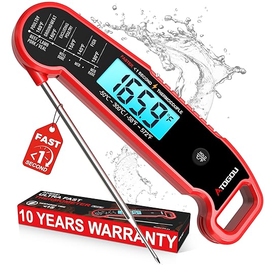 Atogou Professional Meat Thermometer Digital for Cooking Food, <1 Sec Instant Read & ±0.5℉ Accuracy, IP67 Waterproof, Thermocouple Sensor Probe, for Kithchen, BBQ, Grill, Red