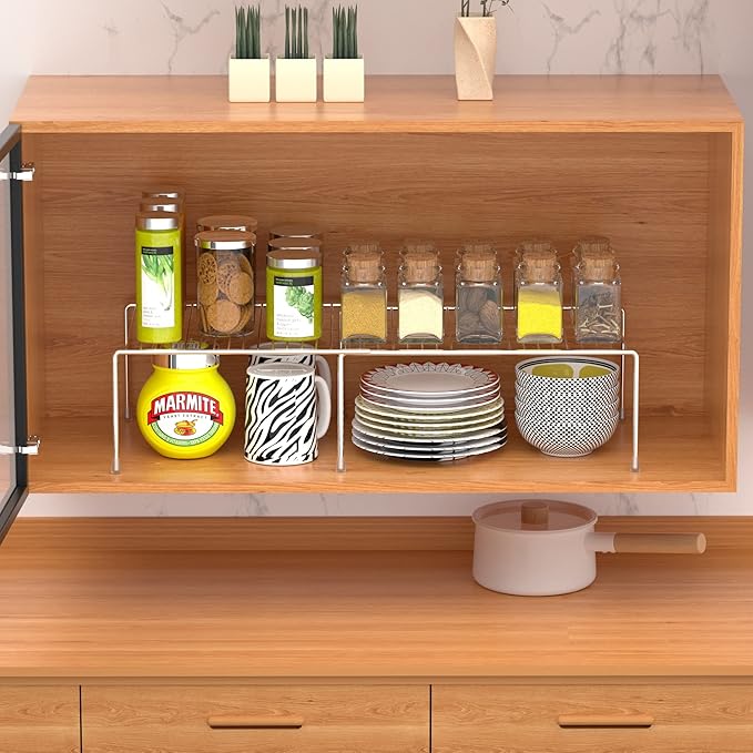 Kitchen Cabinet Expandable Shelf Organizers Set of 2, Adjustable Metal Wire Pantry Storage Shelves, Plate Dish Organizer Rack for Cabinets, Cupboard, Counter, Freezer, Countertop, Chrome