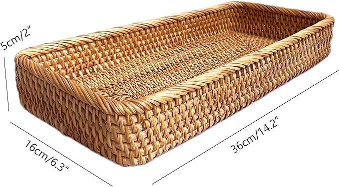 i-lan 14-Inch Rattan Bathroom Tray Organizer – Long Narrow Wicker Basket for Toilet Tank, Hand Towel Storage & Countertop, Boho Serving Tray for Bread, Vanity or Home Decor