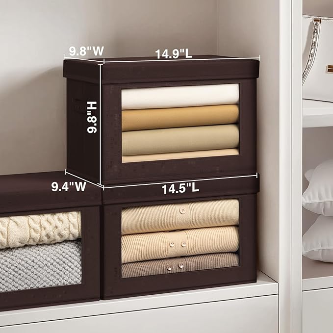 Brown Fabric Storage Bins with Lids - 6 Pack Modern Lidded-Home Storage Bins, 14 Inch. - Perfect for Clothes, Books, CD, Office Supplies