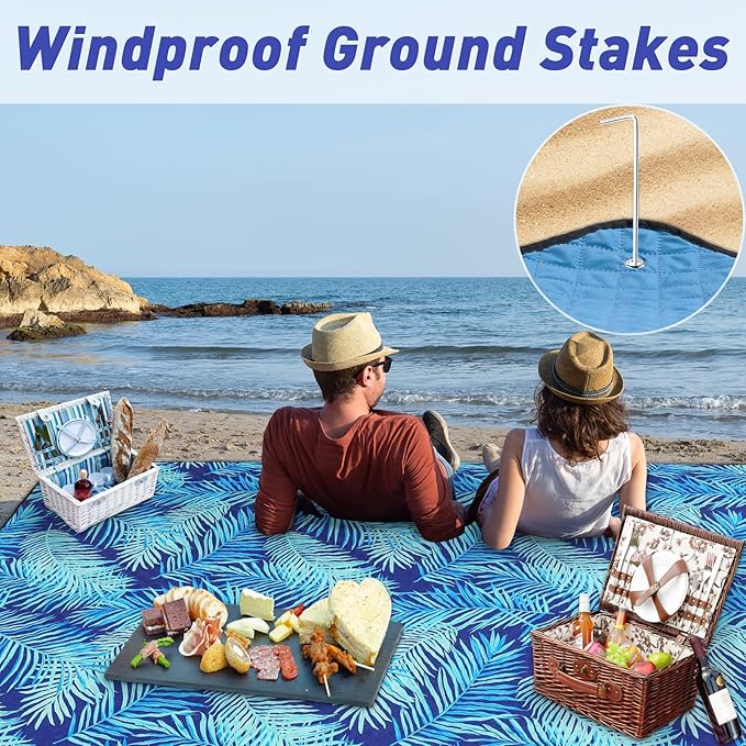 PY SUPER MODE Picnic Blankets Extra Large, Waterproof Foldable Outdoor Beach Blanket Oversized 83x79” Sandproof, 3-Layer Picnic Mat for Camping, Hiking, Travel, Park, Concerts (Blue Leaves)