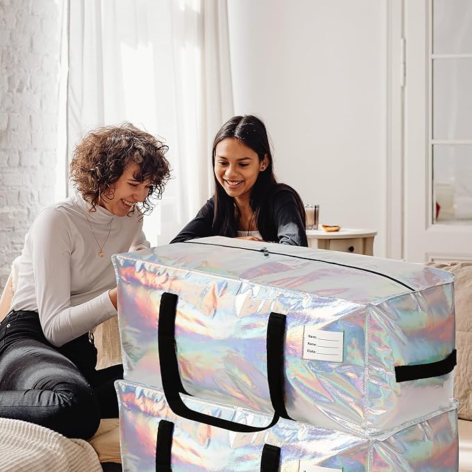 6 Pack Heavy Duty Moving Bags Extra Large Waterproof Foldable Clothing Storage Totes Bags with Zipper,Reinforced Handles,Packing Moving Boxes for Dorm & Seasonal Storage,Iridescent