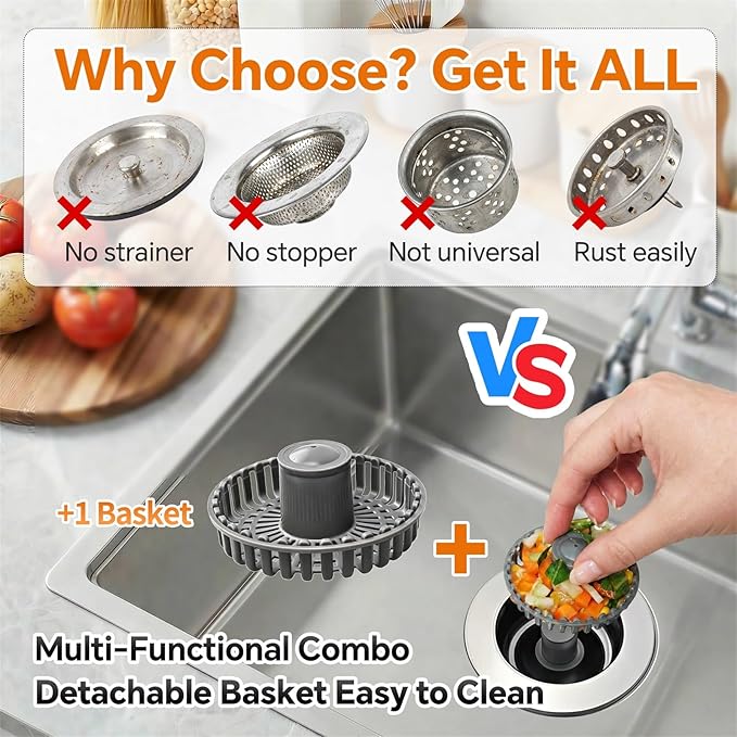 Solid Brass Body 3-in-1 Kitchen Sink Drain Strainer & Stopper, Heavy Duty Pop Up Plug Assembly with 2 Baskets, Anti-Clog Replacement for US Standard 3-1/2 Inch Drains, Rust-Proof Silver