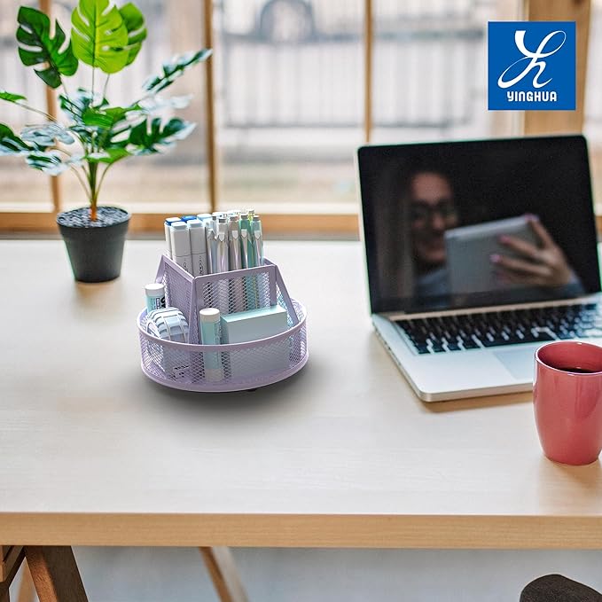YINGHUA Metal Mesh Desk Organizer with 5 Compartments and Rotating Pencil Holder Pen and Stationery Organizer for Office Home School Anti Slip Base Purple