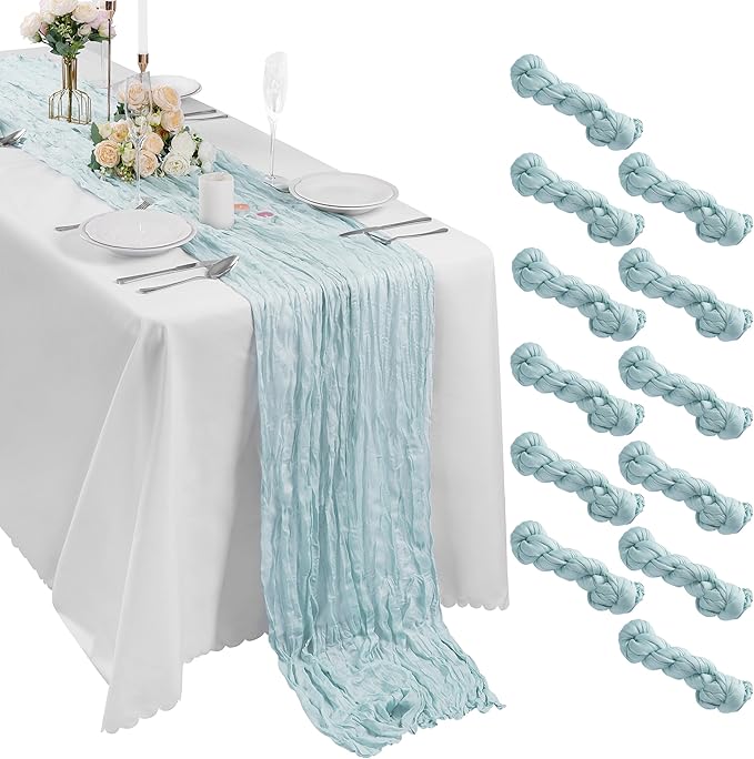 Bailarina 25 Pack Cheesecloth Table Runner 17x108 Inch Long Gauze Cheese Cloth 9ft Wrinkled Sheer Table Runner for Wedding Reception Birthday Party Table Decoration (Light Blue)