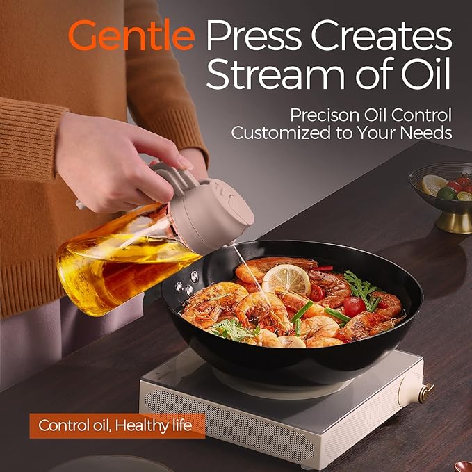 YARRAMATE 16oz/470ml Glass Olive Oil Sprayer for Cooking with Stickers, 2 in 1 Oil Dispenser for Kitchen Gadgets, Food Grade Premium Spray Bottle for Salad, Frying, BBQ (LotusRootPink)