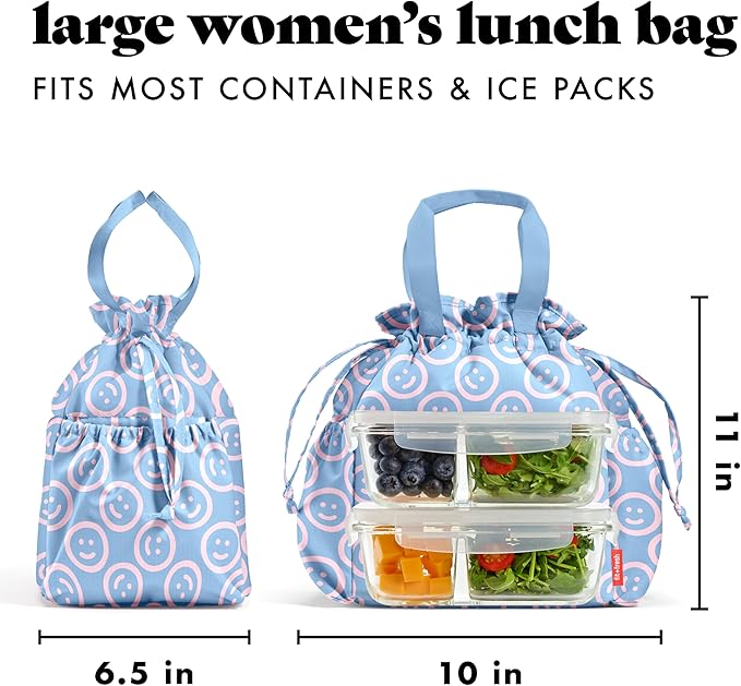 Fit & Fresh Cromwell Drawstring Lunch Bag for Women, Complete Lunch Set with 2 Containers, Stain-Resistant, Leak-Resistant, Back to School Essential, Teacher Lunchbox, All Smiles Bubble Gum