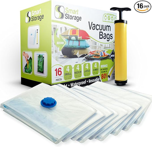 16 Pack Vacuum Storage Bags, Space Saver Bags (4 Jumbo/4 Large/4 Medium/4 Small) Vacuum Sealer Bags for Clothes Storage with Travel Hand Pump
