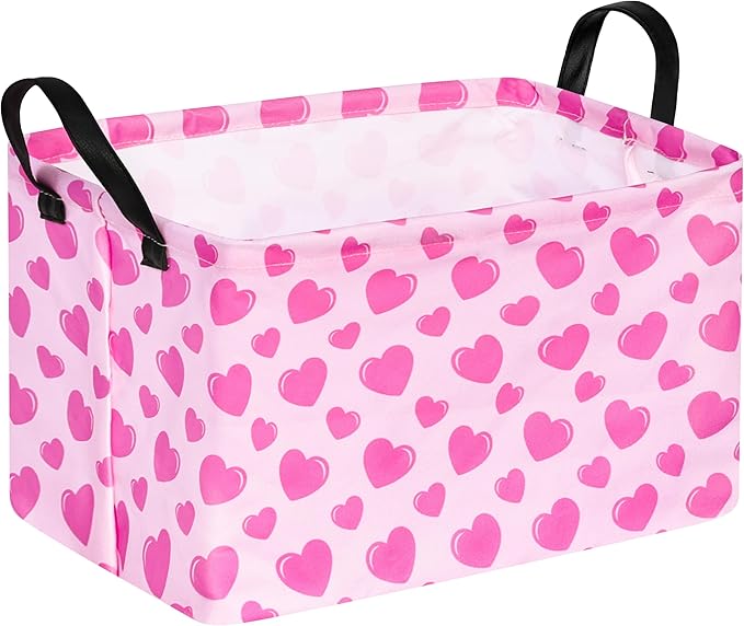 Rec Heart Print Box Hamper Storage Basket Collapsible Organizer Bin Gift Shelf Baskets for Home and Kitchen Storage