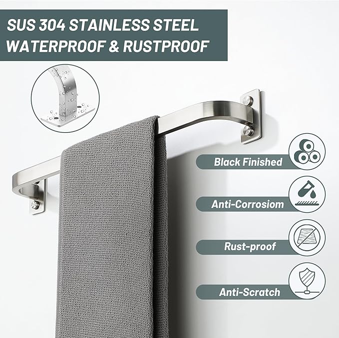 Bathroom Towel Bar, 16 inch Towel Racks for Bathroom Wall Mounted, SUS304 Stainless Steel Heavy Duty Towel Holder Bathroom Accessories Modern Home Decor, Brushed Finished