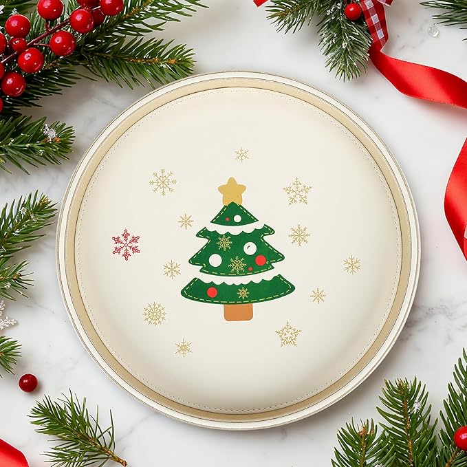 GORESE Christmas Decorative Tray for Coffee Table Decor, 12" Round Leather Christmas Tray for Home Decor, Dining Table Centerpiece, Xtmas Decorations Serving Trays, Gift for Women and Men(Tree)