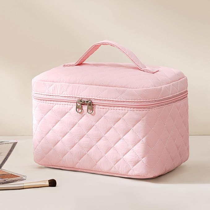 HBselect Quilted Makeup Bag, 3PCS Cotton Large Travel Makeup Bag, Cute Floral Coquette Make up Bag Cosmetic Bag Toiletry Bag for Women Girls