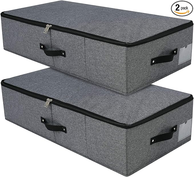 Omygarden 2PCS Foldable Under Bed Storage Box with Plastic Support Liner, Handles, Zipper lid, Blankets Clothes Comforters Storage Bin Organizer for Bedroom and Closet, 29×15×7inch, Black Grey