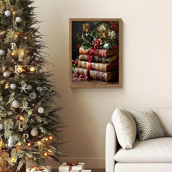Vintage Christmas Books Canvas Wall Art Framed, Dark Academia Pictures Wall Decor, Rustic Xmas Bookish Decor, Moody Paintings Prints, Winter Navidad Artwork for Home Library Reading Room 12x16 Inch
