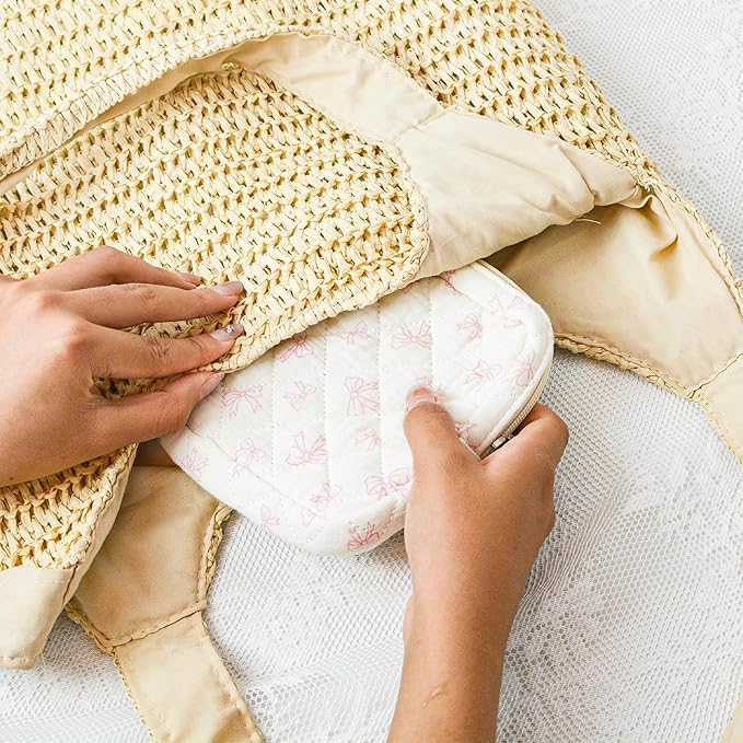 Small Floral Quilted Makeup Bag, Coquette Aesthetic Travel Toiletry Organizer for Women, Lightweight Cotton Cosmetic Pouch