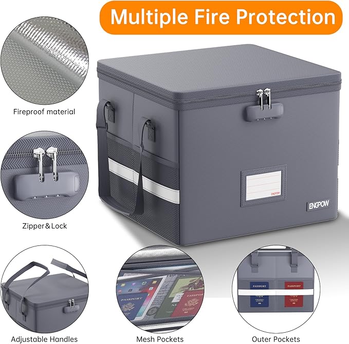 ENGPOW 5200°F File Box Fireproof Document Box with Lock, Heat Insulated Collapsible File Storage Organizer Box with Handle, Portable Home Office File Cabinet for Hanging Letter/Legal Size Folder, Gray