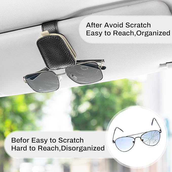 SINGARO Sunglasses Holder for Car, Leather Magnetic Buckle Sun Visor Sunglass Clip, Ticket Card Storage Glasses Clip, Car Interior Accessories for Men and Women（Black-Beige）