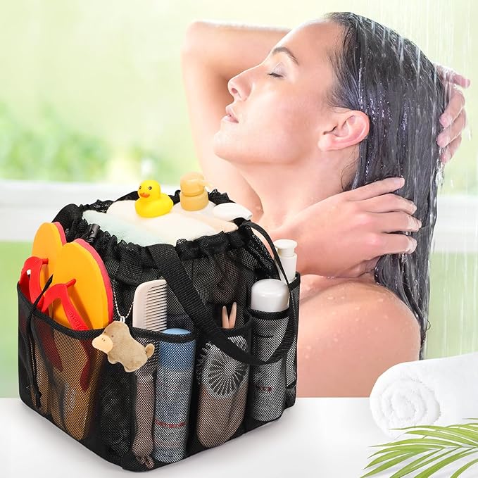 Mesh Shower Caddy Portable with Drawstring, Dorm Room Essentials for College Students Boys & Girls, Larger Shower Bag for Camping, Swimming, Gym, Travel, Bathroom - Black