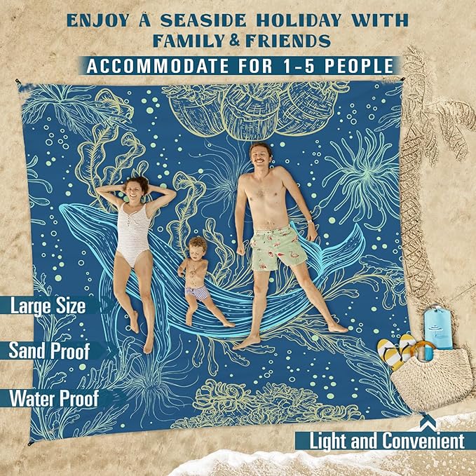Famstar Beach Blanket Sandproof Waterproof 78''×81''1-5Adults Oversized,Compact Lightweight Durable Beach Mat for Travel Camping Hiking Picnic Blanket