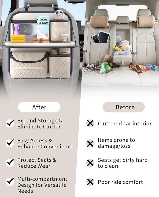 Leather Car Backseat Organizer with Foldable Table Tray - Cup/Tissue/Tablet Holder, Car Seat Back Storage Organizer, Road Trip Essentials for Adults & Kids (white)