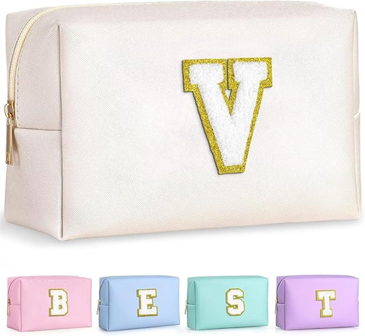 TOPEAST Initial Makeup Bags for Women, Personalized Portable Cosmetic Bag for Travel, Cute Makeup Pouch, PU Leather Waterproof Toiletry Bag, Preppy Things for Girl (White V)