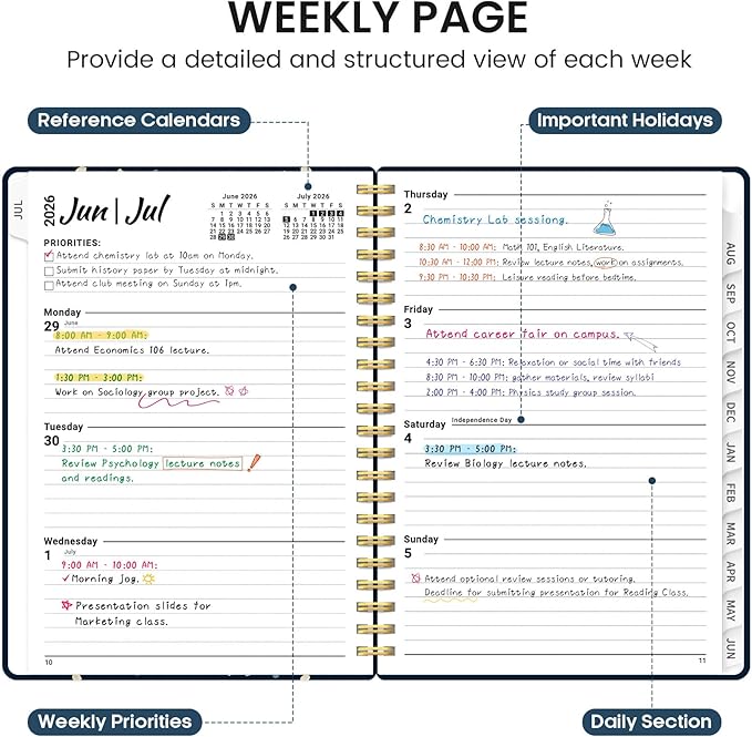 Planner 2026-2027, Academic Monthly and Weekly Calendar Planner for Women, July 2026 - June 2027, Hardcover Pretty Agenda Planner Book with Tabs, Spiral Daily Organizer for School Office Home Supplies, 8.5" x 11" - Blue Patchwork