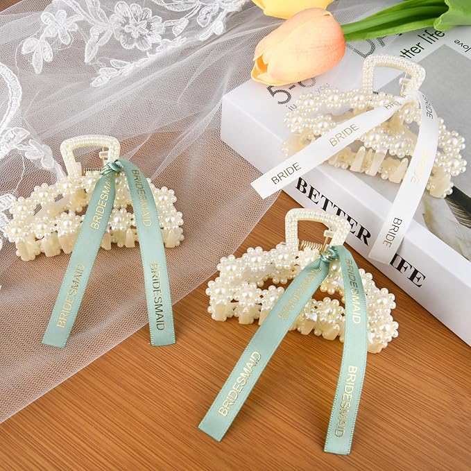DEEKA Bridesmaid Proposal Gifts 8 Pack Pearl Bridesmaid Hair Claw Clips with Ribbon 3 Inch Hair Clips Bachelorette Party Favors Bridal Party Present Hair Accessories (Half Circle White&Green)