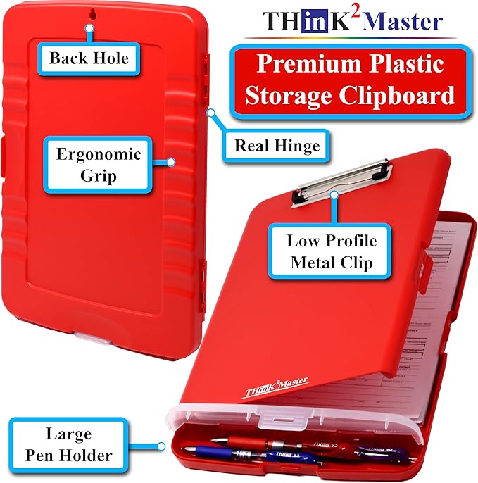 Think2Master [3 Pack] Red Plastic Storage Clipboard with Pencil Holder. | 25% Heavier & 25% Sturdier| Heavy Duty. Nursing, Teacher & Classroom Must Have.
