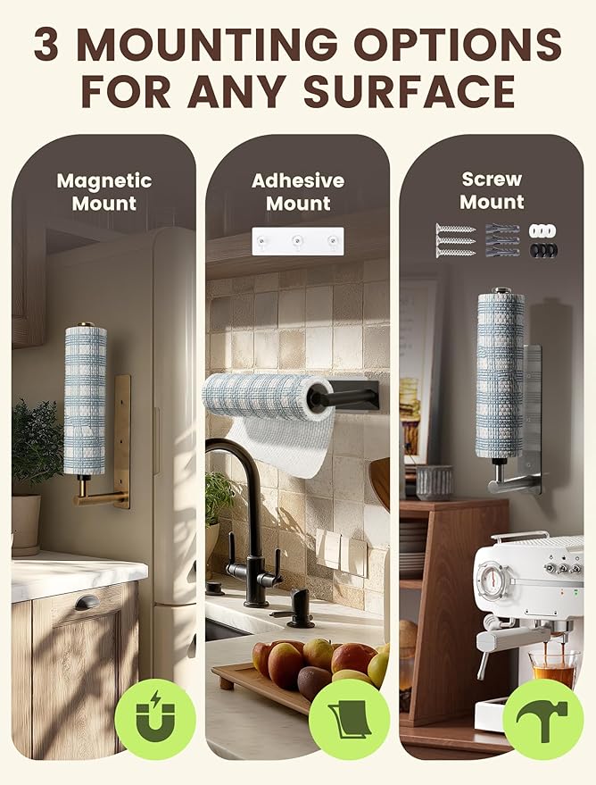 INMAKER Magnetic Paper Towel Holder, Strong Magnet Paper Towel Holder for Fridge, Kitchen, RV, Garage, Grill with Self Adhesive Wall Mount and Screws, One Hand Tear with Adjustable Damping (Black)