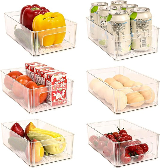 Refrigerator Organizer Bins 6 Pack Fridge Organizers with Handles Clear Freezer Storage Containers for Pantry, Cabinets,Shelves, Drawer – Plastic Kitchen Organizers