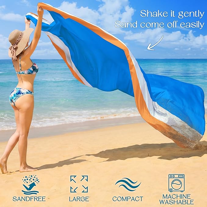 BYDOLL Beach Blanket Waterproof Sandproof Large Sand Free, 78''X110'' Oversized Sandless Lightweight Blanket Picnic Mat for Beach Travel Camping Hiking with Stakes