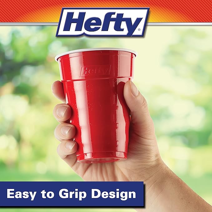 Hefty Party On Disposable Plastic Party Cups, 30 Count, 18 Oz Red Cups for Parties, Tailgates, Birthdays, Holidays, and More, Contoured Shape for Easy Gripping, Strong and Durable