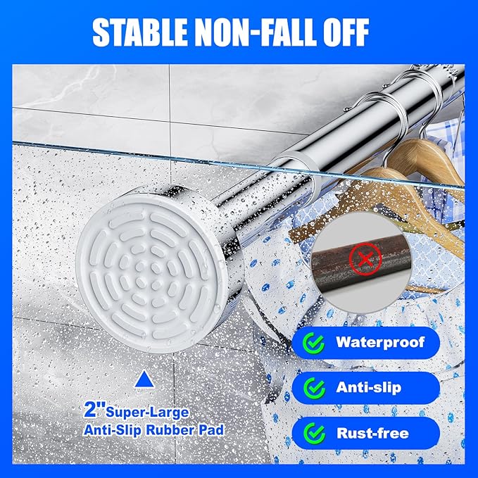 Ausemku Shower Curtain Rod - 32-104 Inch Rustproof Tension Rod, Non-Slip Spring Design, No Drilling Adjustable Curtain Rod for Bathroom, Kitchen, and Closet（Silver）