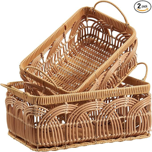 VinneGenzz 2PCS Plastic Wicker Storage Baskets Set Decorative Bohemian Handmade Woven Bathroom Boxes Bins Shelf Closet Cloth Toilet Paper Container Laundry Organizer with Handles Removable Liner