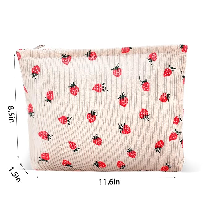 ZLFSRQ Makeup Bag for Women Large Corduroy Cosmetic Bags Travel Pouch for Purse Zipper Toiletry Bags Organizer Y2K Cute Aesthetic Trendy Makeup Brushes Storage Bag Travel Essential (Beige Strawberry)